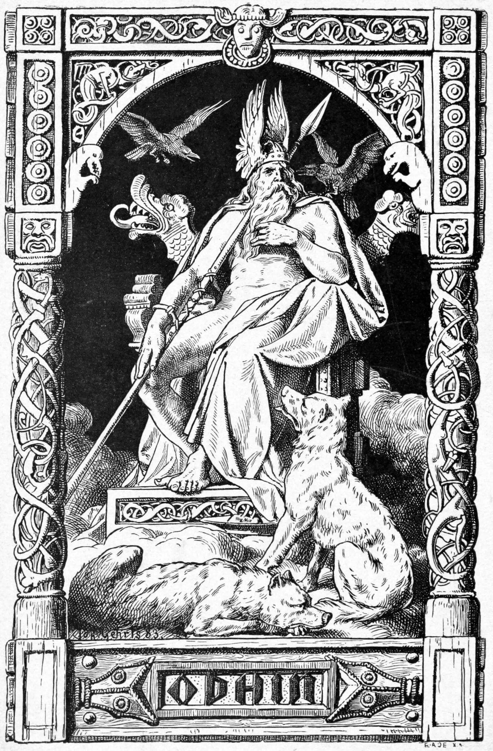 Odin enthroned, with his ravens Huginn and Muninn flying beside him and wolves Geri and Freki at his feet (engraving by Johannes Gehrts, late 19th c.)